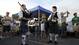 Colin Patience, left, and Chris Davis of the Notre Dame bagpipe band entertain tailgaters prior to the game.