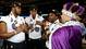 Azteca reporter Karim Mendiburu, &nbsp;interviews Baltimore Ravens players  Ryan McBean, left, Michael Adoo, center, and Bobby Rainey, second from right during media day in preparation for Super Bowl XLVII against the San Francisco 49ers at the Mercedes-Benz Superdome.