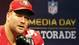 San Francisco 49ers defensive end Justin Smith (94) addresses the press during media day in preparation for Super Bowl XLVII against the Baltimore Ravens at the Mercedes-Benz Superdome.