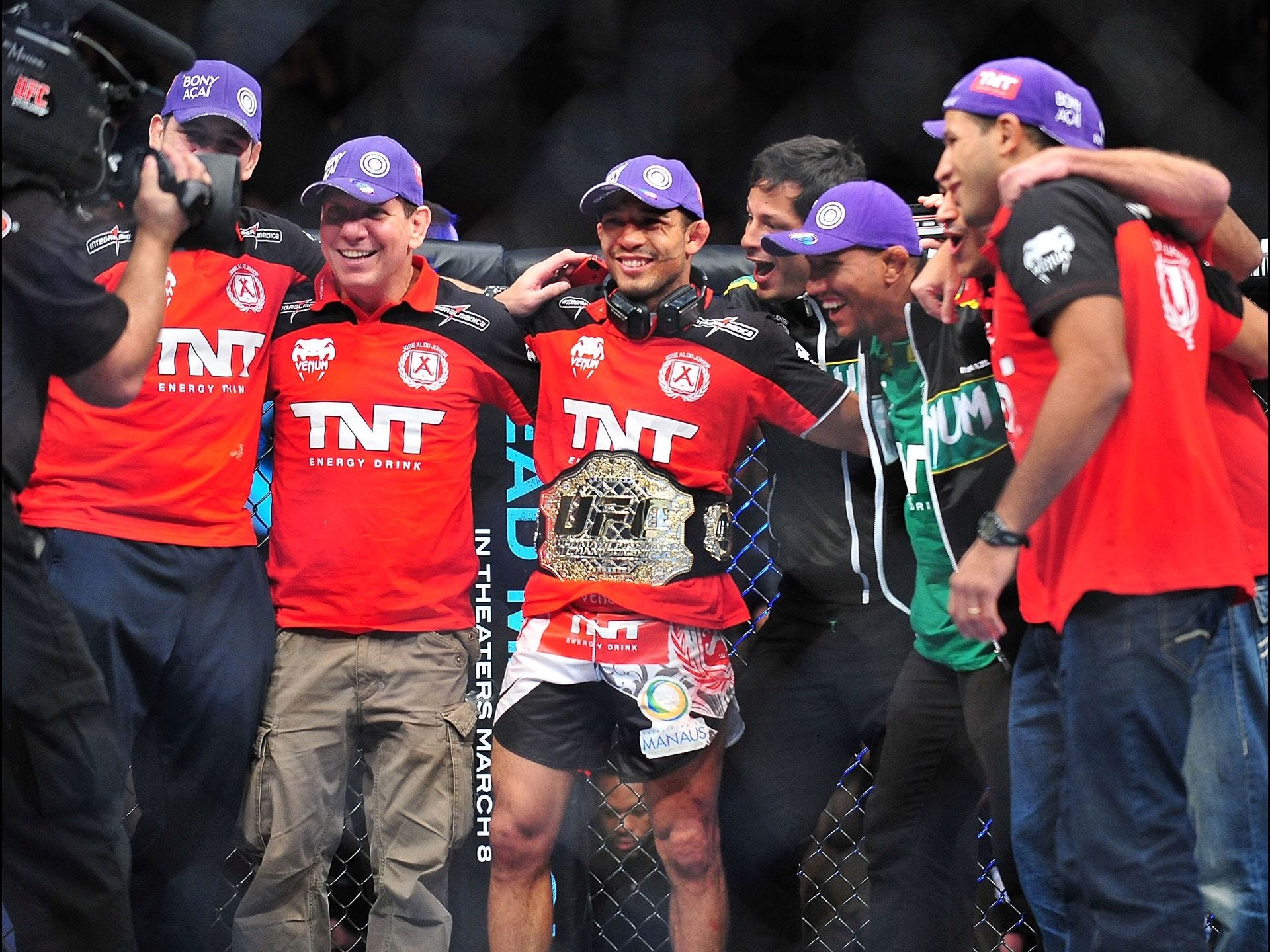 UFC 156 invaded the Mandalay Bay Events Center in Las Vegas with three marquee bouts. Jose Aldo, center, closed the show with a unanimous-decision victory over Frankie Edgar to retain his UFC featherweight title.
