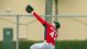 St. Louis Cardinals center fielder Shane Robinson makes an attempt to catch a ball at the wall.