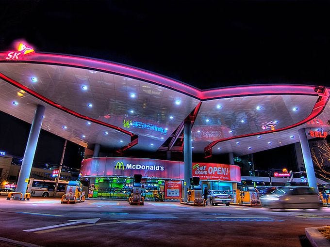 South Korea: In Ulsan you'll find a fairly small McDonald's drive-thru/gas station. The feature that makes it so special, though, is the huge wing-like covering over the restaurant. Apparently, the drive-thru was a very unusual sight in the area as of 2010.