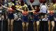 St. Mary's Gaels cheerleaders perform during a second-round game against the Memphis Tigers at The Palace at Auburn Hills.