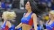 Kansas cheerleaders entertain the crowd during the No. 1 seed Jayhawks' 64-57 victory over No. 16 seed Western Kentucky in Kansas City.