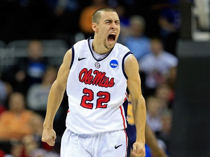 Marshall Henderson of the Mississippi Rebels reacts in the second half against the La Salle Explorers during the third round of the NCAA tournament in Kansas City, Mo.