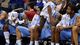 The North Carolina Tar Heels react on the bench as they loose to the Kansas Jayhawks 70-58.