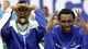 Florida Gulf Coast players Dajuan Graf, left, and Bernard Thompson use their "Eagle Eyes" to view the crowd during a pep rally for the men's basketball team at Alico Arena in Fort Myers, Fla., celebrating their team's run to the Sweet 16.