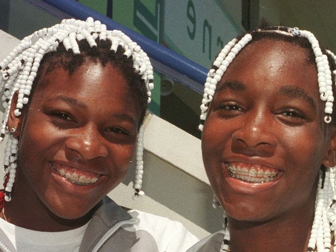 Serena and Venus Williams in 1997 at the Eastbourne fro the Direct Line Ladies Tennis Championships