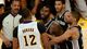 Game 4 in Los Angeles - Lakers center Dwight Howard yells at several Spurs in the lead-up to his ejection.