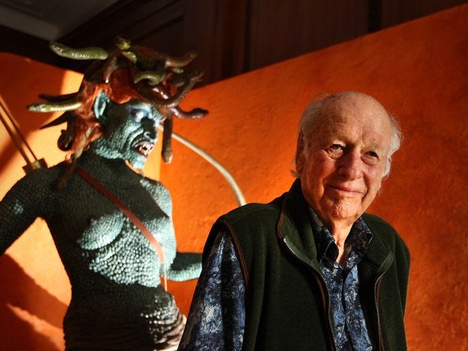 Special effects creator Ray Harryhausen poses with an enlarged model of Medusa from his 1981 film 'Clash Of The Titans' at the The Myths And Legends Exhibition at The London Film Museum in 2010. Harryhausen was considered the father of modern-day special effects.  He died May 7, 2013, at the age of 92.