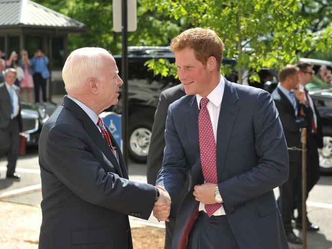 He's here! Britain's Prince Harry arrived in the USA in style Thursday, making a quick trip from Washington Dulles Airport to Capitol Hill on Thursday for the first leg of his stateside tour. Here, the young royal is greeted by U.S. Senator John McCain, R-Ariz., as he arrives at the Russell Senate Office Building to visit a photo exhibition on land mines and unexploded ordinance.