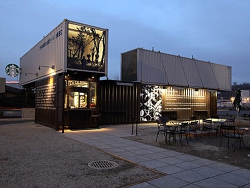 Shipping Container Starbucks (Tukwila, Wash.): There's no arguing that this Tukwila, Wash., Starbucks stands out -- and for all the right reasons. Made using four reclaimed shipping containers, the design is as eco-friendly as it is innovative and, q