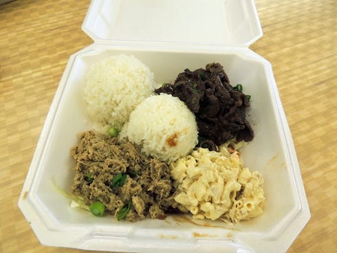 Ippy's Hawaiian Plate combines teriyaki beef, kalua pork and lomi lomi salmon in one plate lunch.