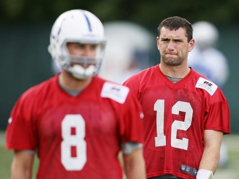 Indianapolis Colts quarterback Andrew Luck (12) watches Matt Hasselbeck (8) during organized team activities at the Indiana Farm Bureau Football Center.