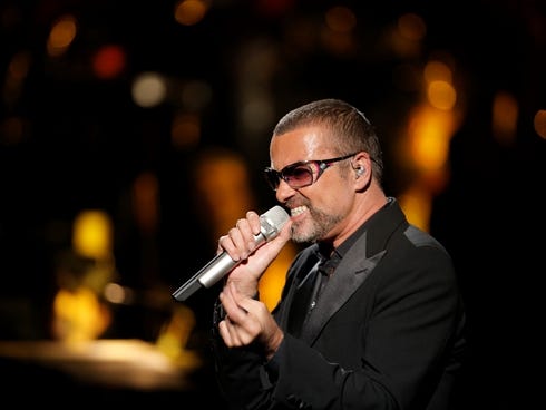 In this Sept. 9, 2012 file photo, British singer George Michael performs at a benefit concert in Paris.