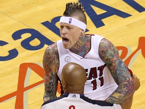 May 30, 2013; Miami, FL, USA; Miami Heat power forward Chris Andersen (11) is help back by  referee Marc Davis in the second quarter of game five of the Eastern Conference finals of the 2013 NBA Playoffs against the Indiana Pacers at American Airline
