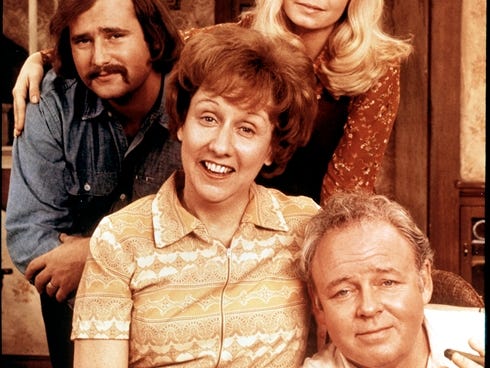 Jean Stapleton's Edith Bunker, center, was the moral center of 'All in the Family,' and she kept Mike (Rob Reiner), left, Gloria (Sally Struthers) and Archie (Carrol O'Connor) in line.