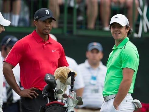 Tiger Woods and Rory McIlroy on the 13th tee on Sunday during the final round of The Memorial Tournament. McIlroy was playing in the group in front of Woods.