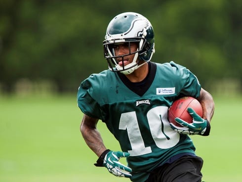 Philadelphia Eagles wide receiver DeSean Jackson (10) carries the ball during organized team activities at the NovaCare Complex.