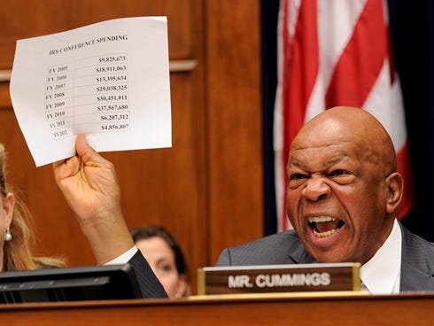 House Committee on Oversight  and  Government Reform Ranking Member Elijah Cummings, D-Md., expresses outrage over IRS spending on conferences at a hearing.