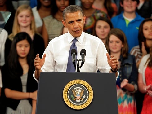 President Obama speaks to students, teachers, and guests at Mooresville Middle School in Mooresville, N.C., on Thursday.