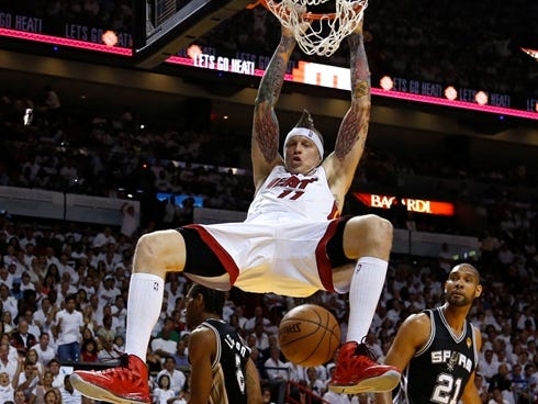 Heat center Chris Andersen dunks in Sunday's Game 2 of the NBA Finals vs. the Spurs.