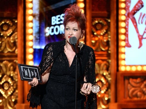 Cyndi Lauper accepts the award for Best Original Score (Music and/or Lyrics) Written for the Theatre for 'Kinky Boots.'
