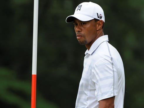 Tiger Woods looks at the 15th hole during Monday's practice round.
