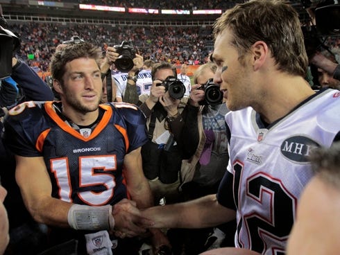 Tim Tebow and Tom Brady (12) may now be teammates, but there's no question who's on top of the depth chart.