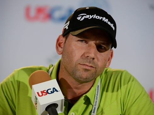 June 11, 2013; Ardmore, PA, USA; Sergio Garcia addresses the media in a press conference during the practice round of the 113th U.S. Open golf tournament at Merion Golf Club. Mandatory Credit: Eileen Blass-USA TODAY Sports ORG XMIT: USATSI-133592 ORI