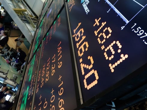 A board overlooking the floor of the New York Stock Exchange.