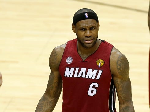 Heat forward LeBron James is taken aback by a call against him in Game 3 of the NBA Finals.