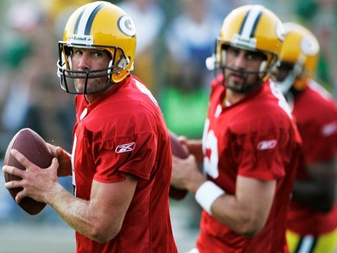 Brett Favre, left, and Aaron Rodgers were teammates for three years.