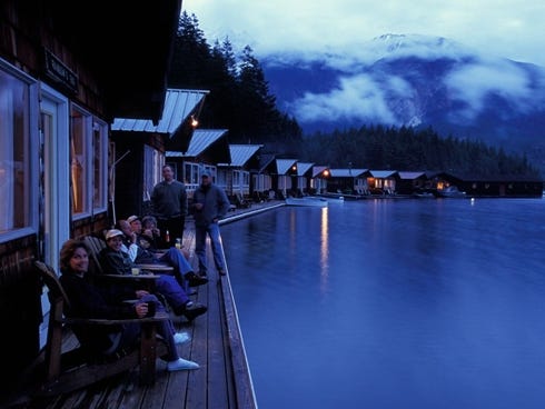 Ross Lake Resort consists of cabins built on floating docks cabled to huge cedar logs.