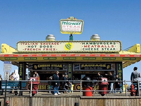 Cheese and grease are the mainstays at Seaside Heights Boardwalk. Pick up legendary cheesesteaks from Midway Steak House.