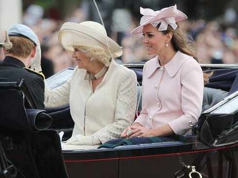 Duchess Kate joins Prince Harry and  Camilla Duchess of Cornwall in carriage for Trooping the Color ceremony in London.