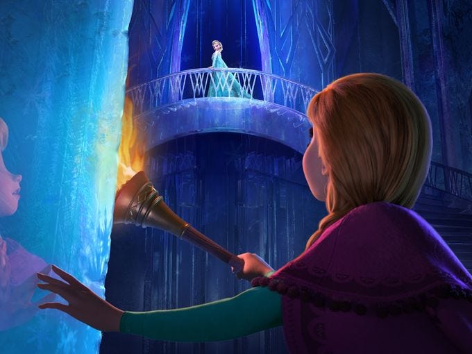<p></p><p></p><p></p><p></p><p>Anna (voiced by Kristen Bell) finally meets up with her missing sister, Elsa (Idina Menzel), who has fled the Kingdom of Arendelle after triggering a curse that brings eternal winter. "Anna is opening the ice door as she enters Elsa's world. And it's the first moment they have seen each other," says co-director Jennifer Lee. "Anna tries to convince Elsa that her place is back at home," Bell says. "That it doesn't matter how you stumble, your home is with me."</p>