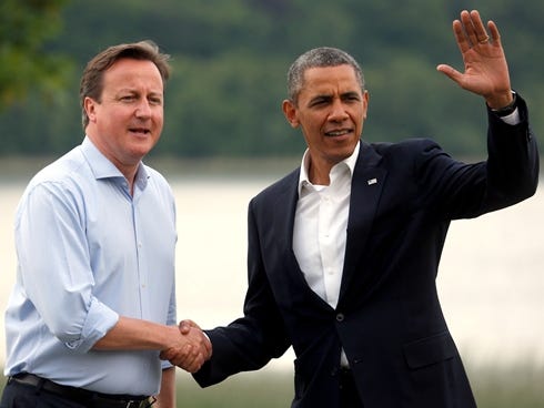 Britain's Prime Minister David Cameron, left, shakes hands with President Obama during arrivals for the G-8 summit at the Lough Erne Golf Resort in Enniskillen, Northern Ireland on Monday.