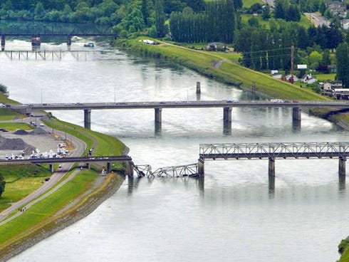 A collapsed section of the Interstate 5 bridge over the Skagit River is seen in an aerial view on May 24 in Mount Vernon, Wash.