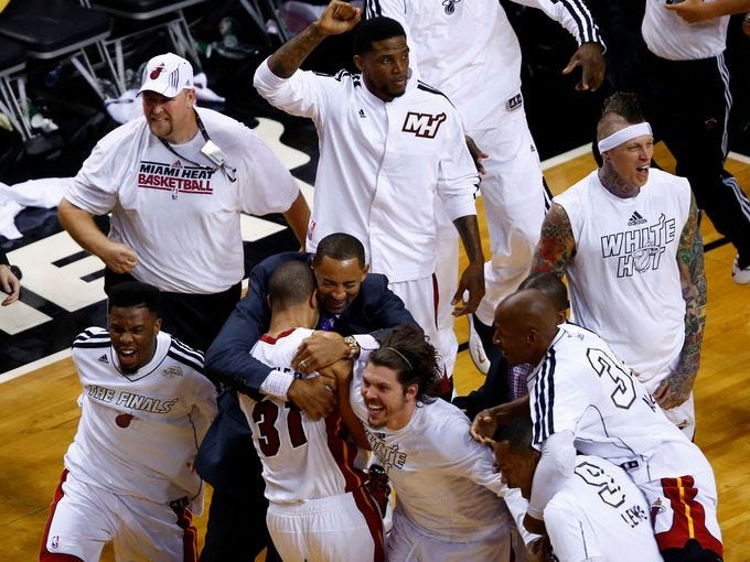 Game 7 in Miami: Heat 95, Spurs 88 - Miami Heat small forward Shane Battier (31) and Mike Miller celebrate.