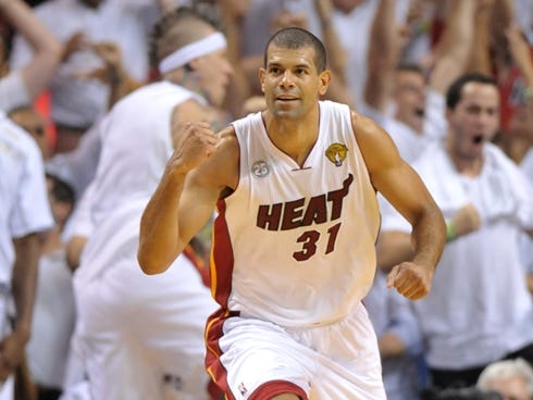 Heat forward Shane Battier celebrates one of his six three-pointers in Game 7 of the NBA Finals.