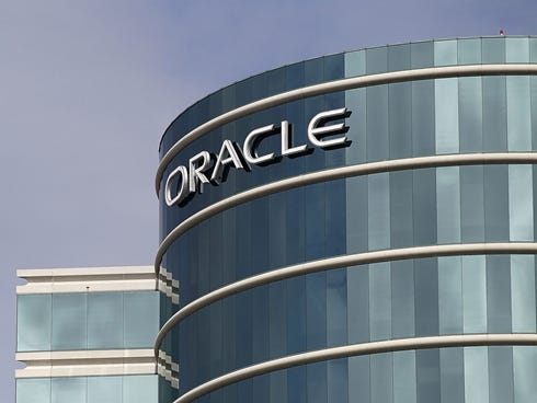 The Oracle logo is displayed at Oracle headquarters in Redwood Shores, California.