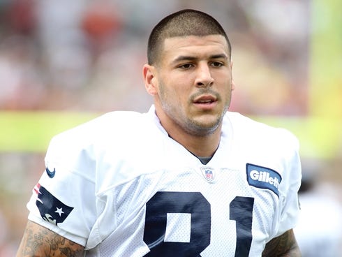 New England Patriots tight end Aaron Hernandez during 2012 training camp at the team practice facility.