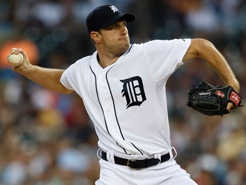 Detroit Tigers starting pitcher Max Scherzer pitches in the first inning against the Boston Red Sox at Comerica Park.