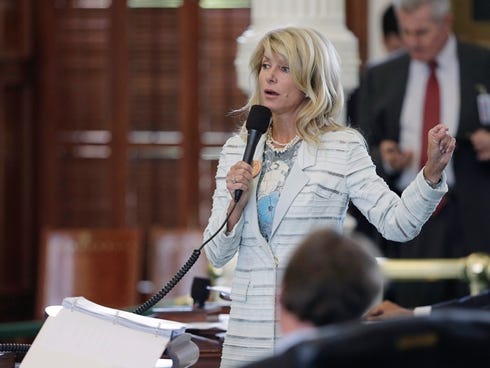 Sen. Wendy Davis, D-Fort Worth, speaks as she begins a filibuster in an effort to kill an abortion bill on June 25 in Austin, Texas.