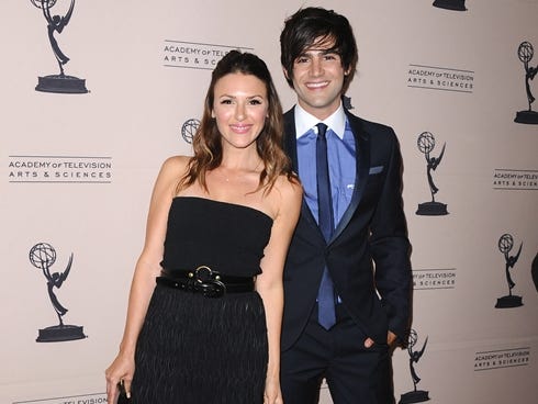 Elizabeth Hendrickson, left, and Max Ehrich arrive at the 40th Annual Daytime Emmy Awards nominee reception.