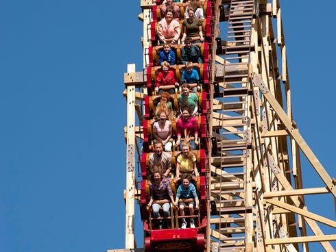 The new  Outlaw Run roller coaster at Silver Dollar City amusement park in Branson Mo.,  features a vertical drop of 81 degrees at one point, the steepest drop in the word for a wooden roller coaster.