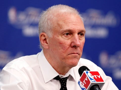 Jun 13, 2013; San Antonio, TX, USA; San Antonio Spurs head coach Gregg Popovich addresses the media during a press conference after game four of the 2013 NBA Finals against the Miami Heat at the AT,T Center. The Miami Heat defeated the San Antonio Sp