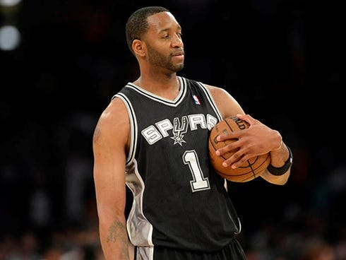 Apr 28, 2013; Los Angeles, CA, USA; San Antonio Spurs shooting guard Tracy McGrady (1) on the court against the Los Angeles Lakers in game four of the first round of the 2013 NBA playoffs at the Staples Center. Mandatory Credit: Richard Mackson-USA T