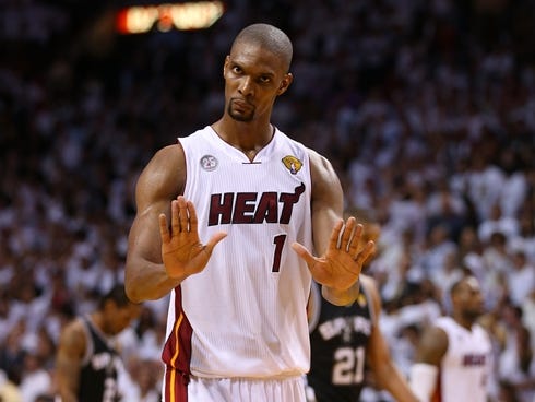 MIAMI, FL - JUNE 18:  Chris Bosh #1 of the Miami Heat reacts in overtime against the San Antonio Spurs during Game Six of the 2013 NBA Finals at AmericanAirlines Arena on June 18, 2013 in Miami, Florida. NOTE TO USER: User expressly acknowledges and 